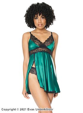 Bezauberndes Babydoll, Satin, Blumenspitze, Schlitz, Mesh-Einlage